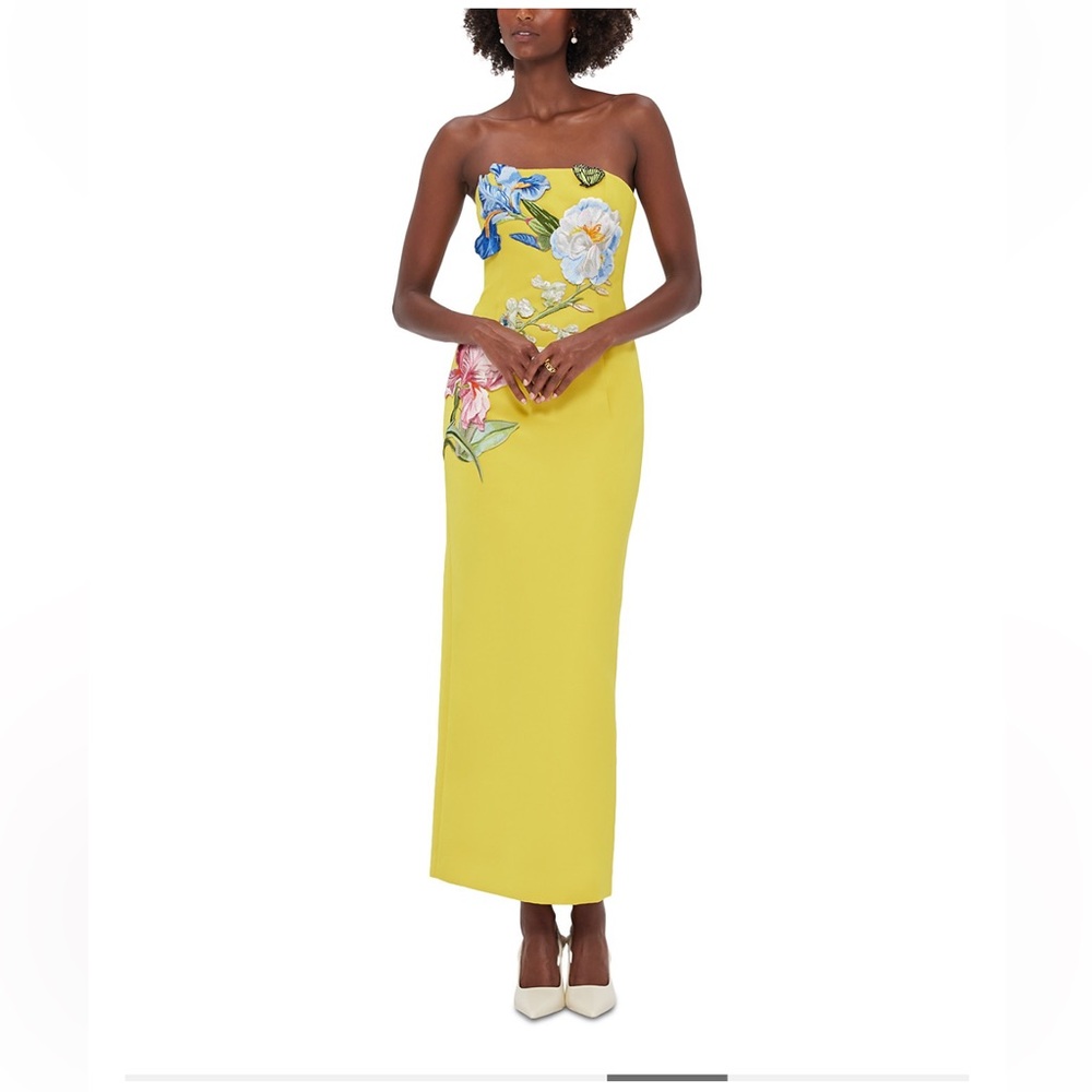 Leo Lin Rayna Floral Appliqué Bustier Maxi Dress Yellow Strapless Luxury - Picture 6 of 6